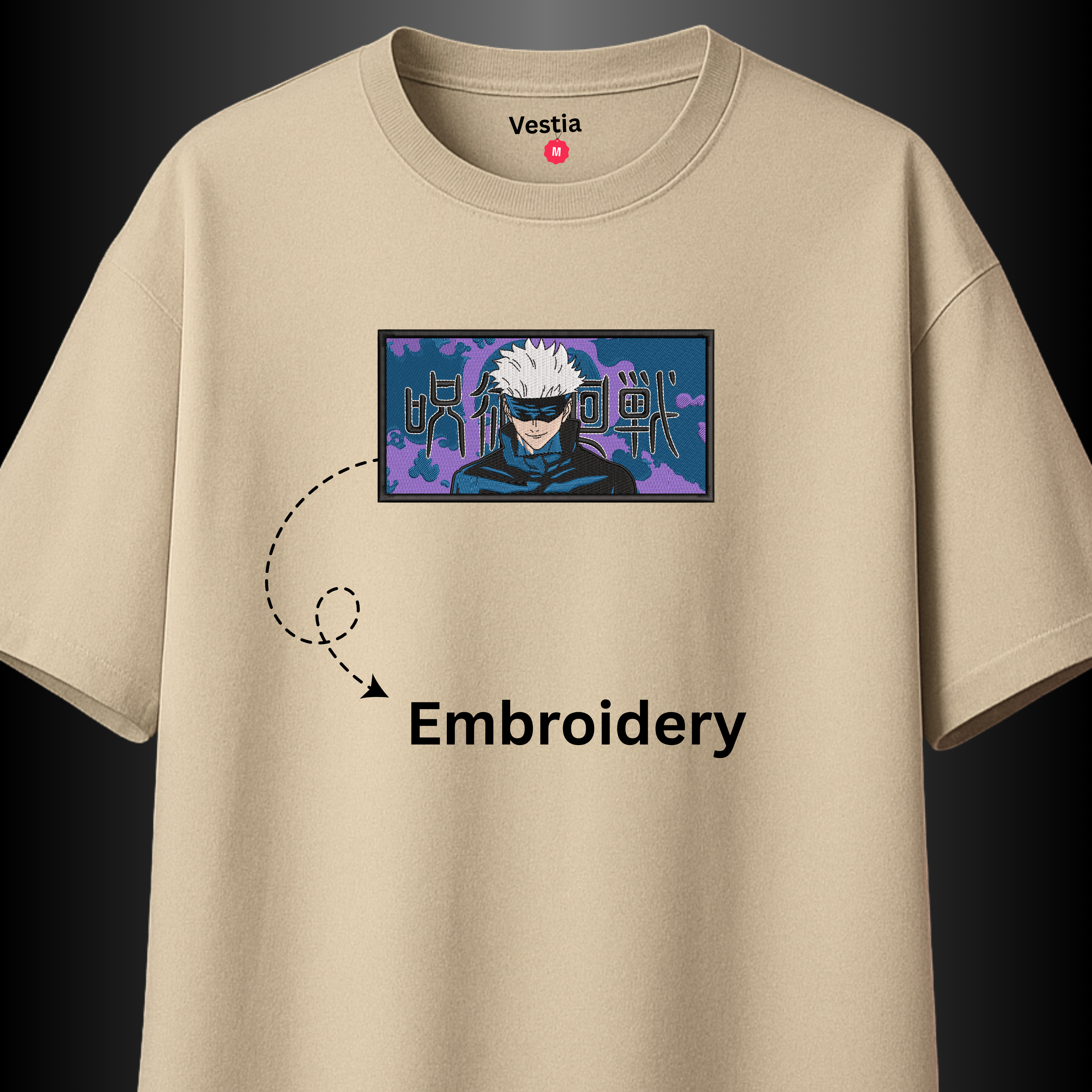 Gojo Satoru Anime T-Shirt – Embroidery & DTF Combo | Jujutsu Kaisen Premium Tee by Vestia